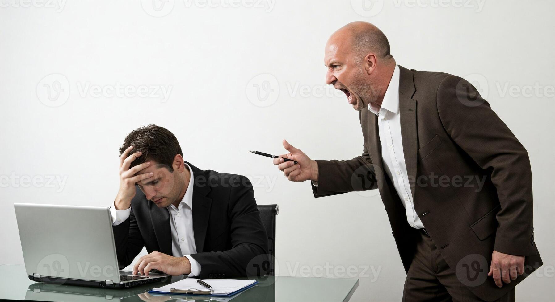 Two men in suits are arguing over a laptop photo