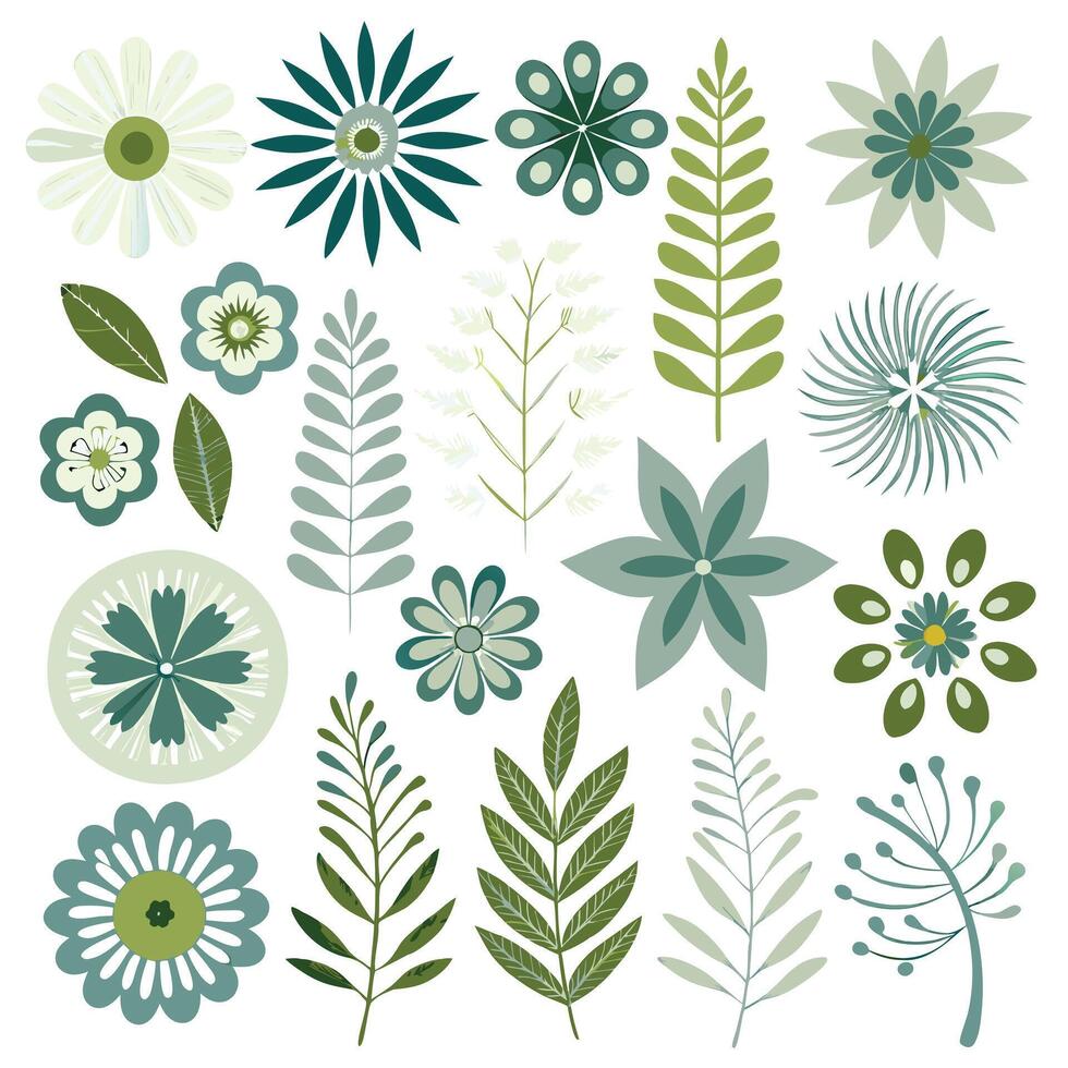 Collection of Green and Blue Floral and Botanical s A Delightful Array of Flower and Leaf Designs vector