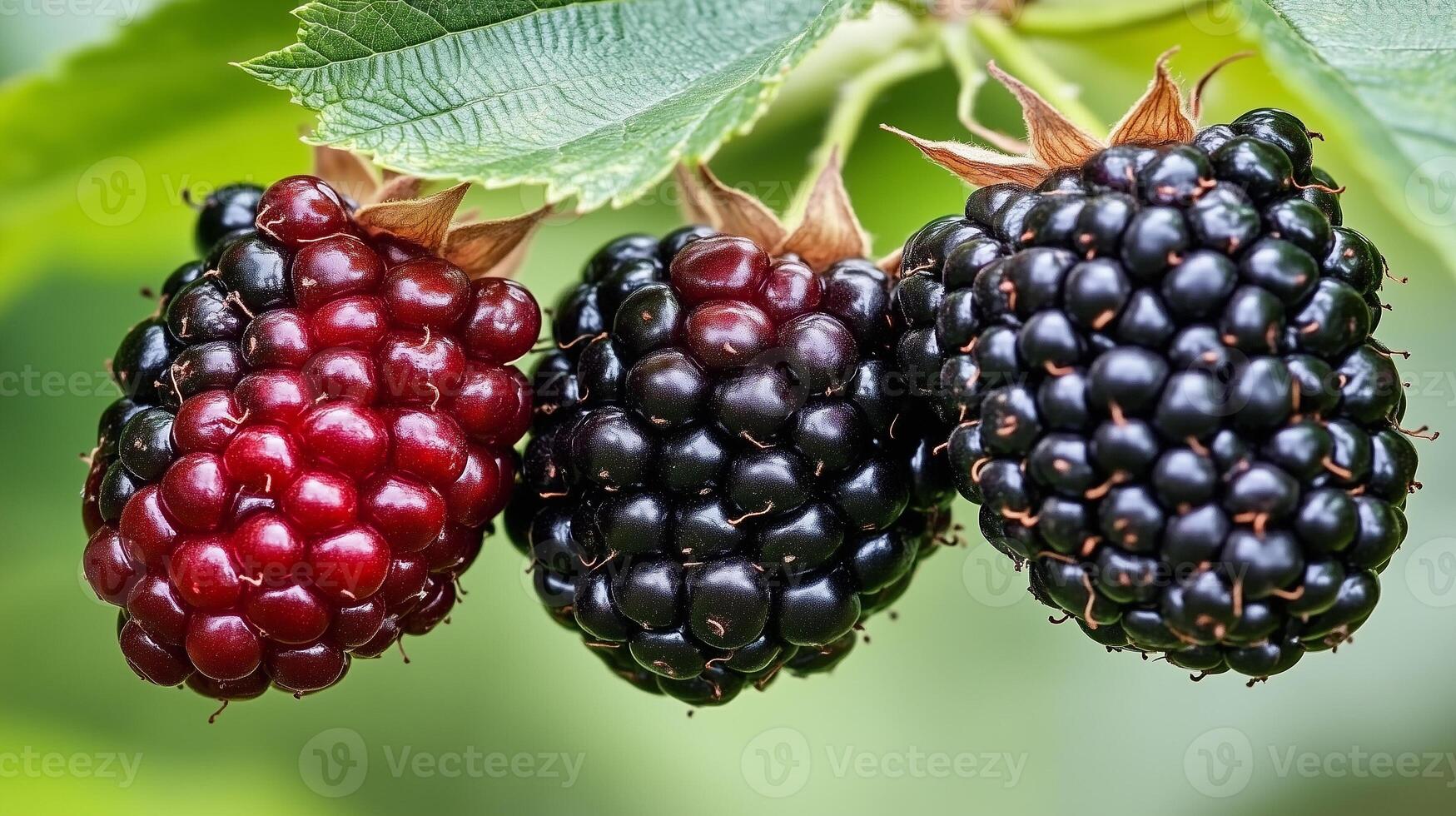 Closeup of Ripe and Unripe Blackberries on a Branch. photo