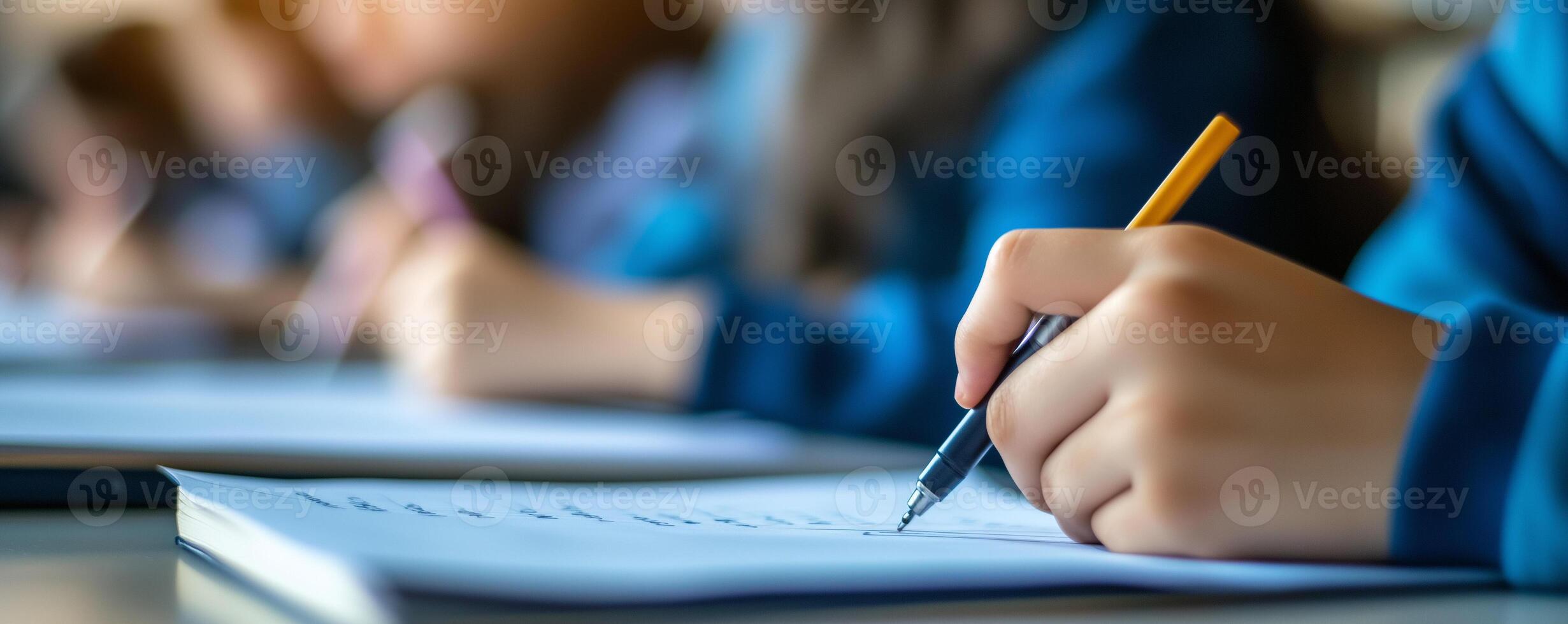 Closeup view of student taking test in exam classroom. Focus is on a hand holding pen writing on paper. Copy space for text on left. photo
