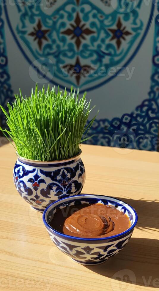 Elegant Navruz Celebration with Wheatgrass and Traditional Ornaments photo