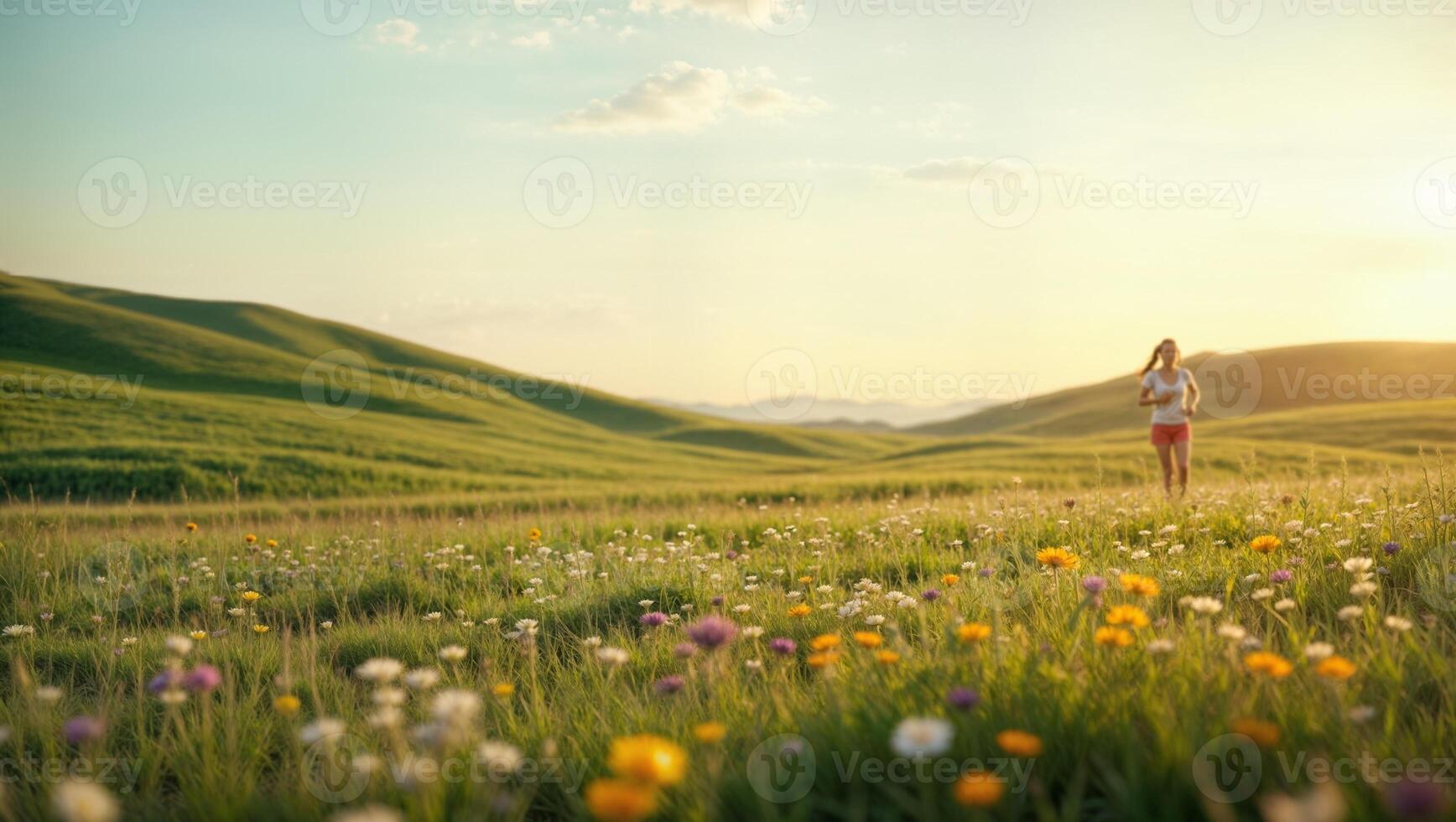 A woman is running in a field of wildflowers photo