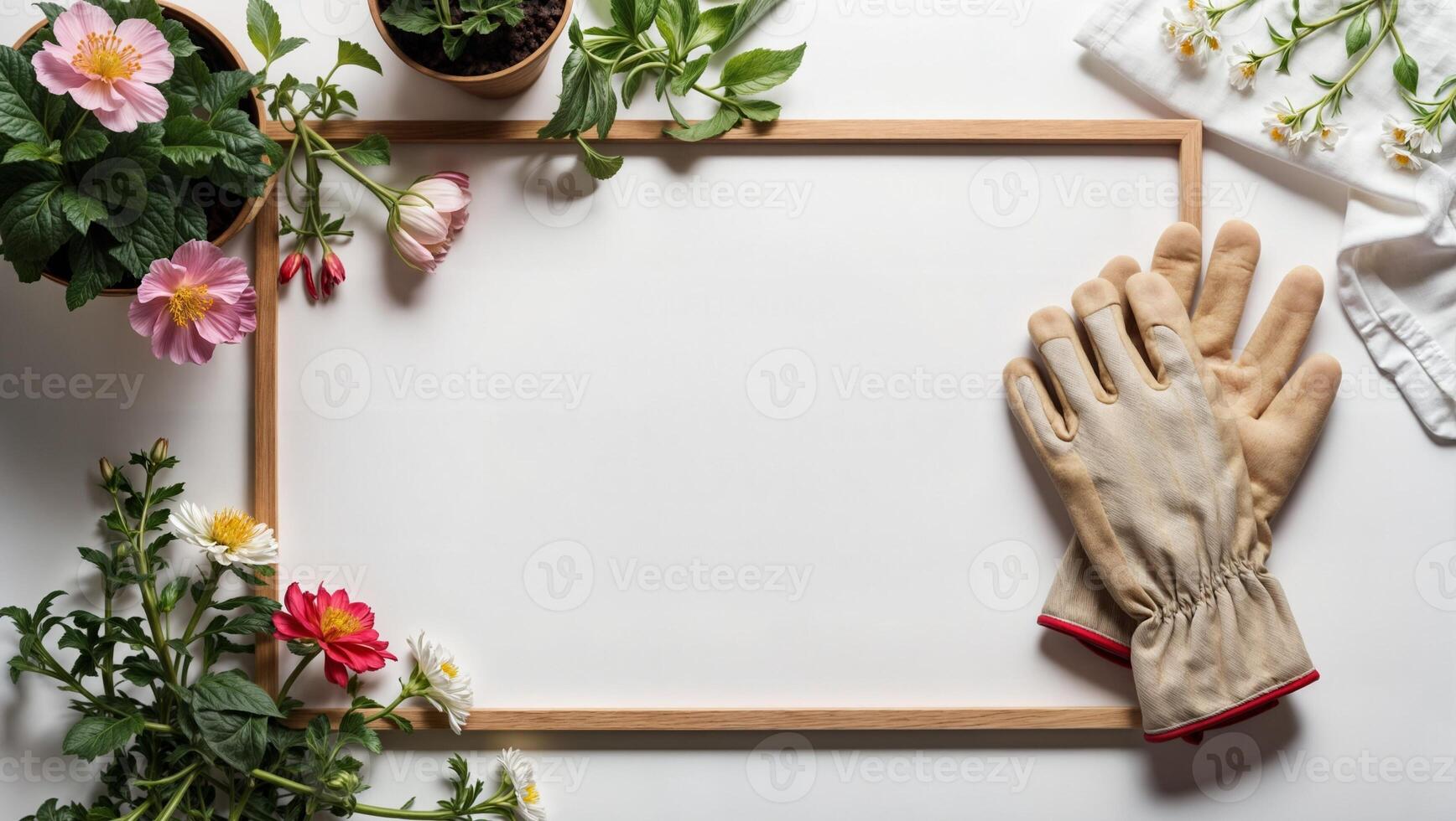 A white frame with gloves and flowers on it photo