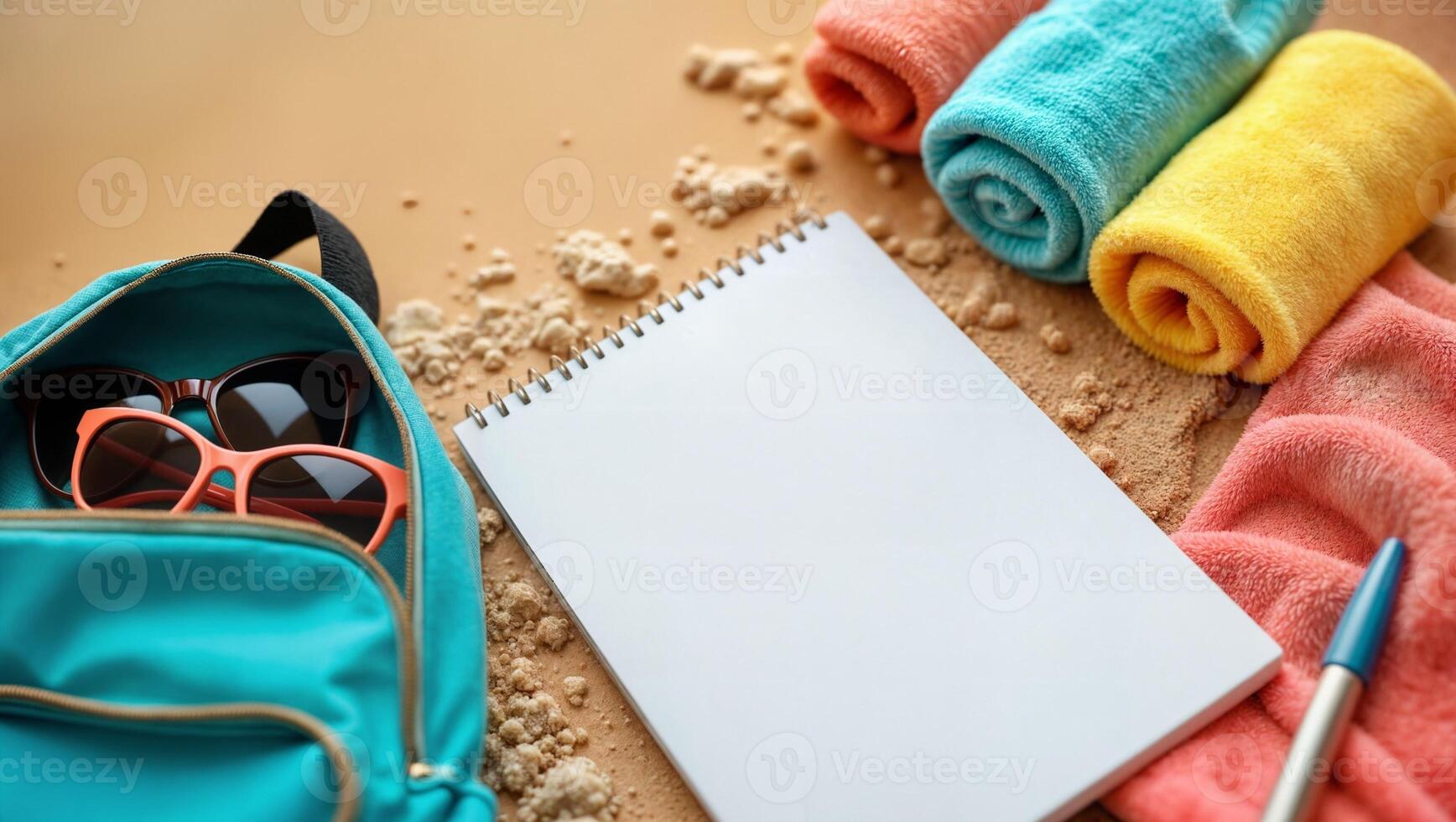 Summer vacation concept with beach towel, sunglasses, beach bag and notebook on wooden background photo