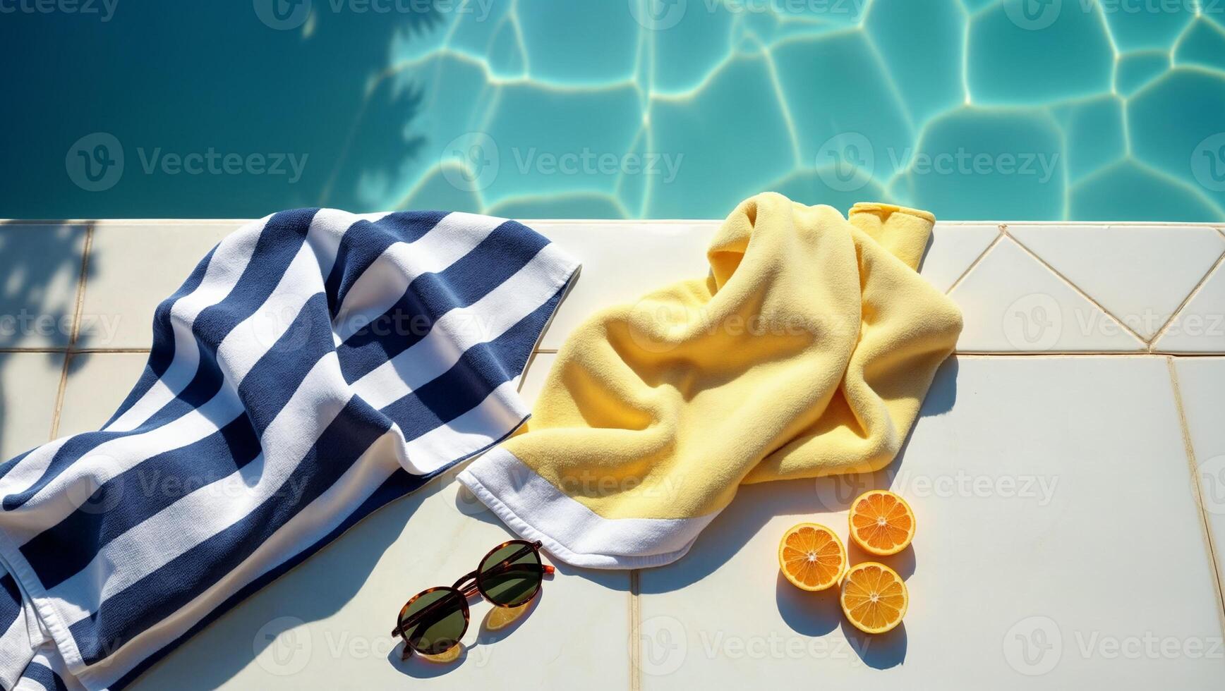 A towel and sunglasses sit next to a pool photo