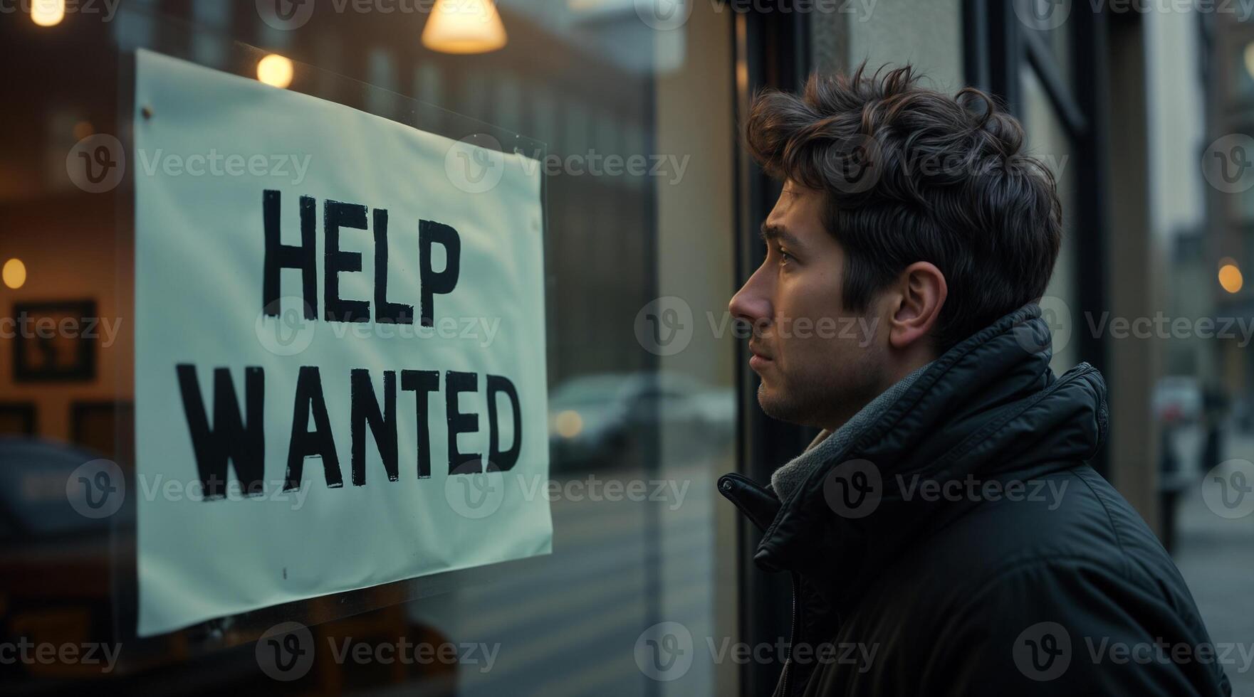A man looking at a help wanted sign in a window photo