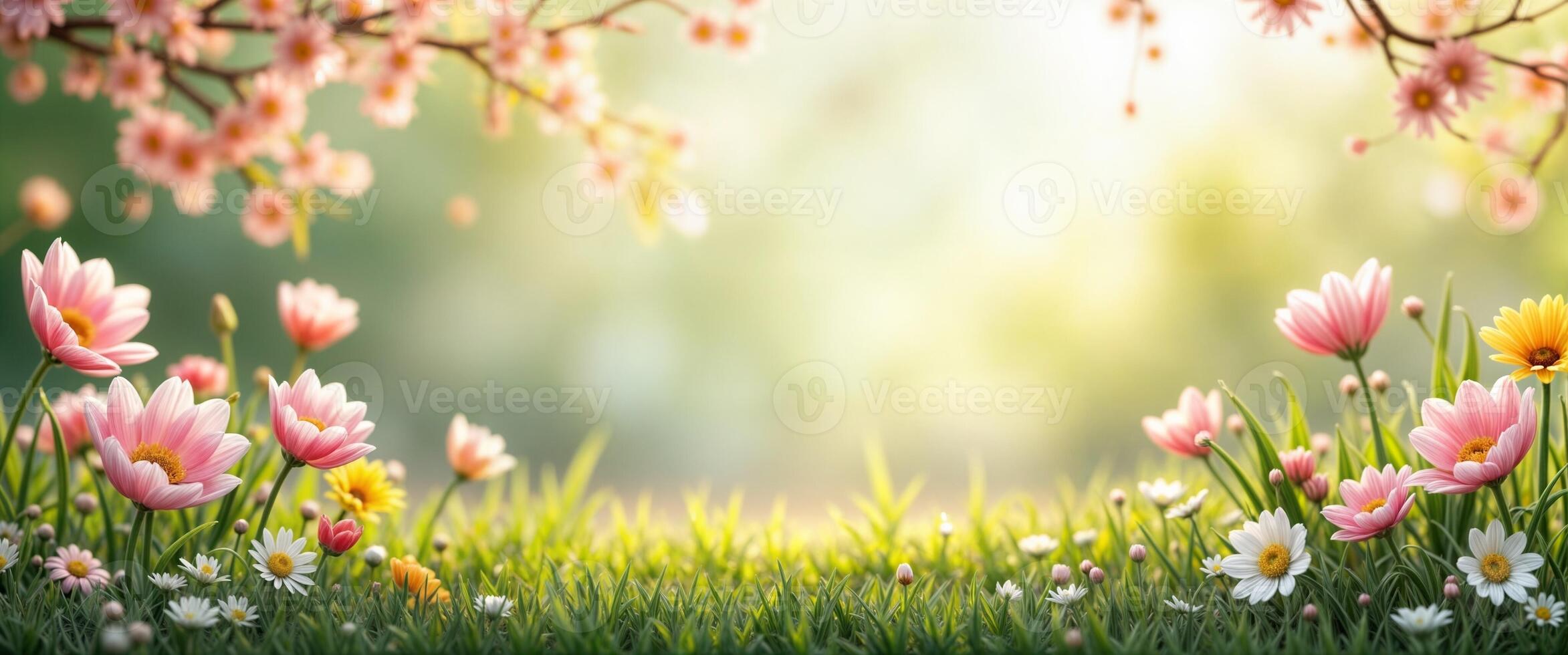 Spring flowers in the grass with sunlight shining through photo