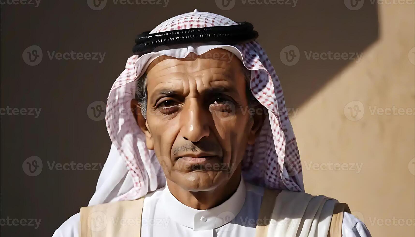 Portrait of Middle Eastern Man Wearing Traditional Headdress Looking at Camera photo