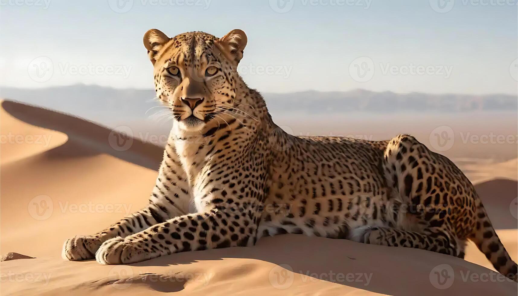 Leopard Resting on a Desert Dune Underneath a Clear Blue Sky photo