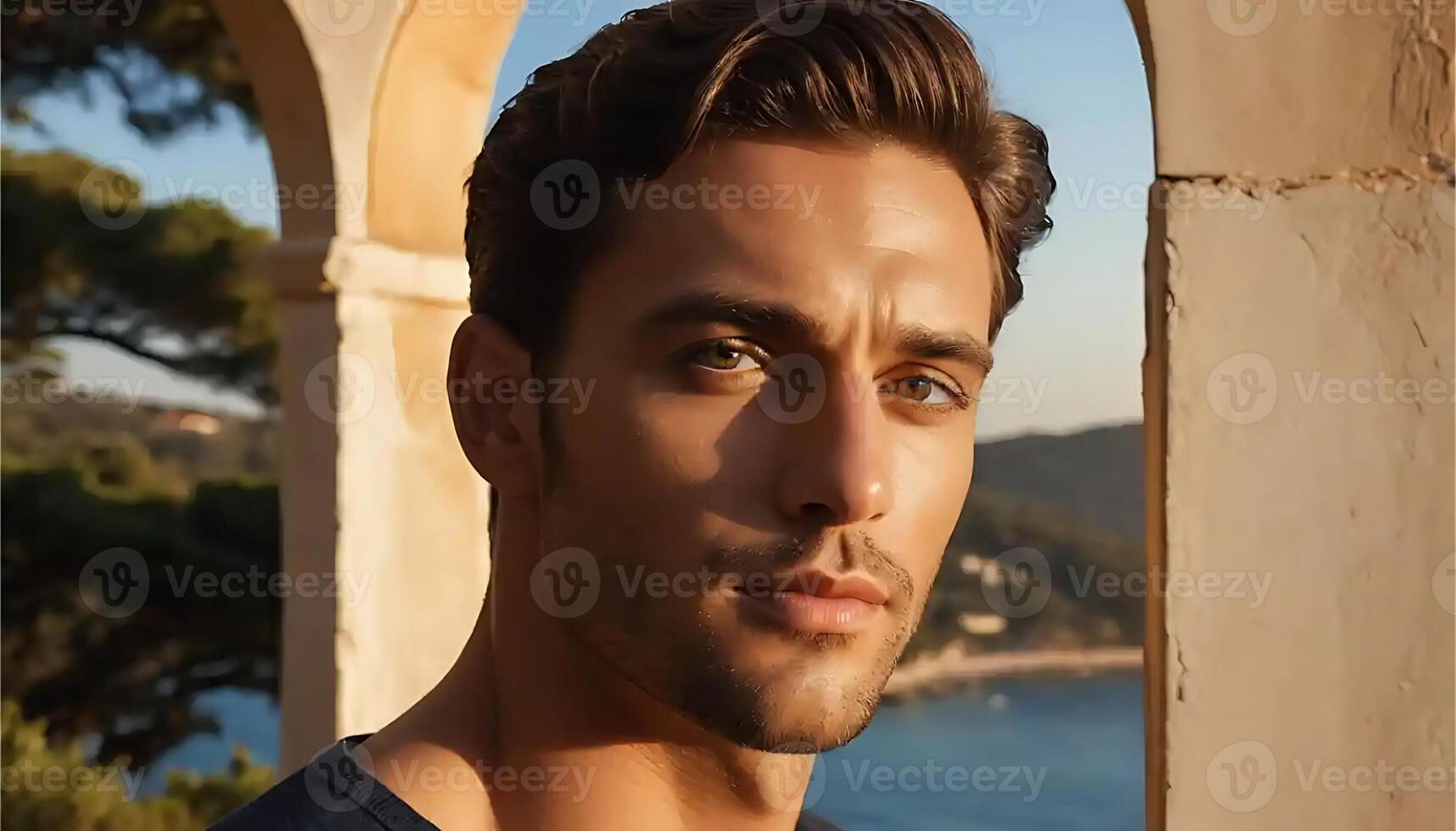 Man Portrait by Stone Archway Overlooking Ocean and Tree Landscape photo