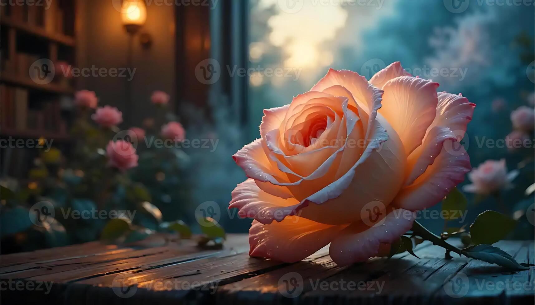 Close-up of Peach Rose on Wood Surface with Soft Lighting photo