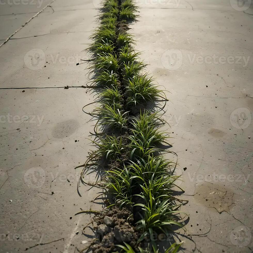 Grass Growing Through Concrete Crack Showing Nature's Resilience and Persistence photo