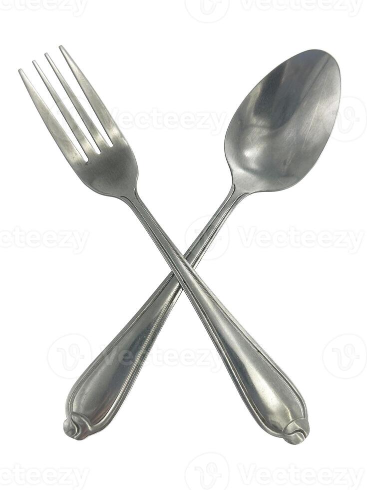 Spoon and fork isolated on white background. aluminum spoon and fork clipping path isolated household object. kitchenware item clipart for isolated , clipping path , clipart element photo