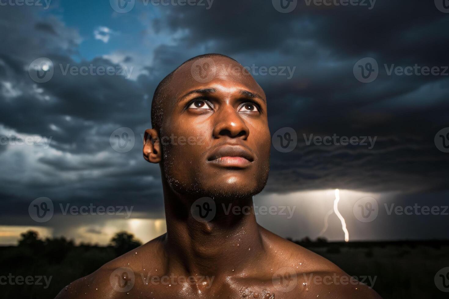 Thunderstorm overhead man with smooth glowing skin gazes into the sky for skincare inspiration photo