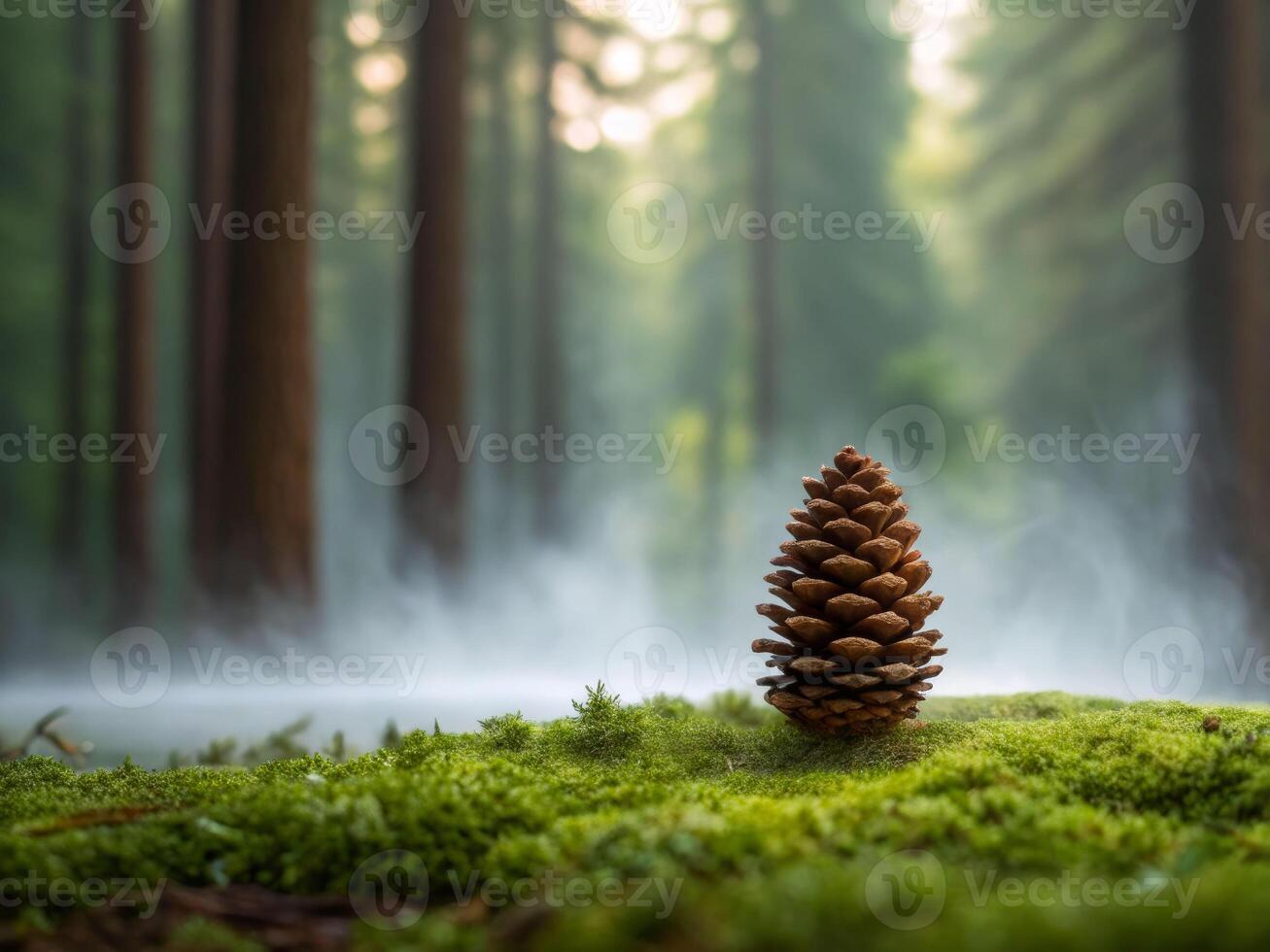 Misty forest close-up of a single pine cone resting on damp moss enchanting nature scene serene environment photo