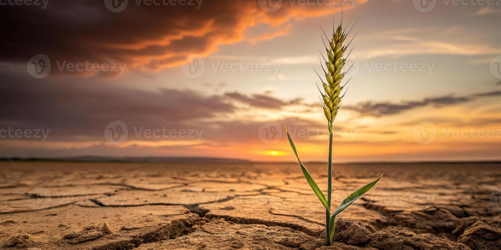 Solitary stalk of wheat growing in arid soils highlighting hunger for grain nature landscape at sunset photo