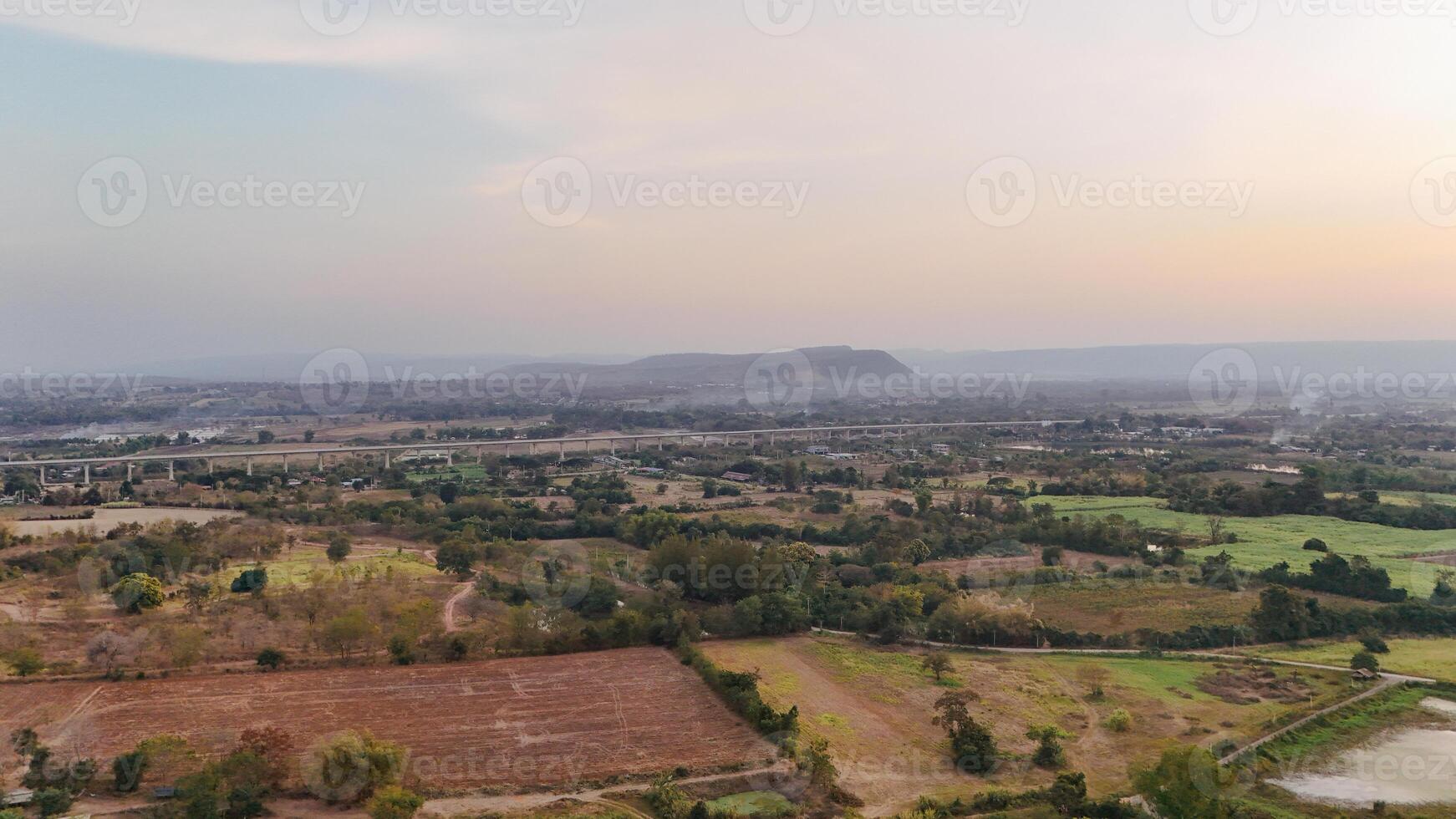 An aerial view of a valley and fields photo