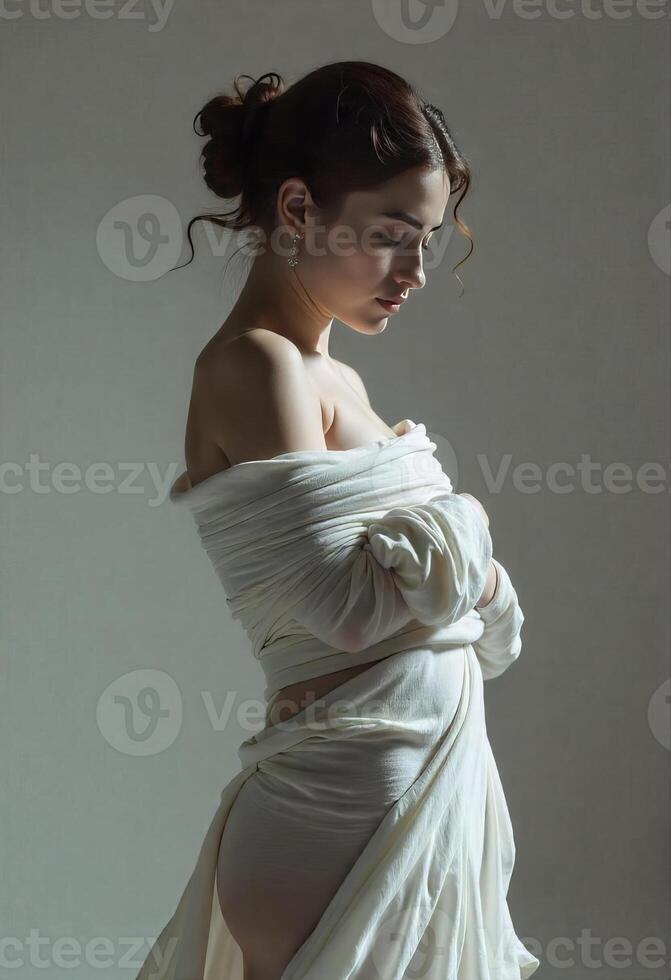 Woman stands with eyes closed, wrapped in white fabric. Her expression is peaceful and contemplative. The pose and drapery evoke a sense of elegance and grace. photo