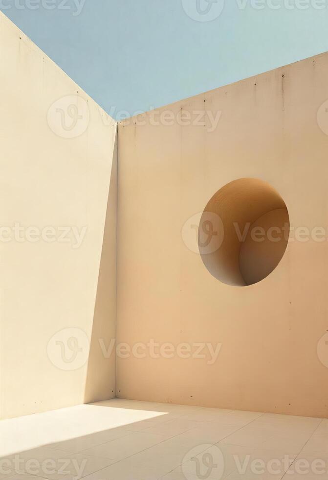 Minimalist architectural wall with a circular opening casting geometric shadows. Clean lines and neutral tones create a striking visual effect under a clear sky. photo