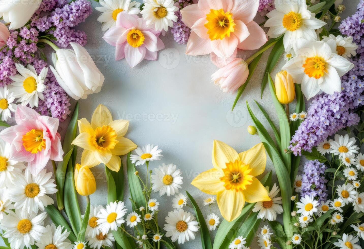 A colorful floral arrangement featuring tulips, daisies, daffodils, and lilacs. The design radiates freshness and elegance, making it perfect for spring-themed projects. photo