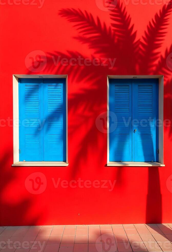 Bright red wall featuring striking blue windows, enhanced by a bold shadow of palm tree leaves. The interplay of color and shadow creates a tropical, artistic effect. photo