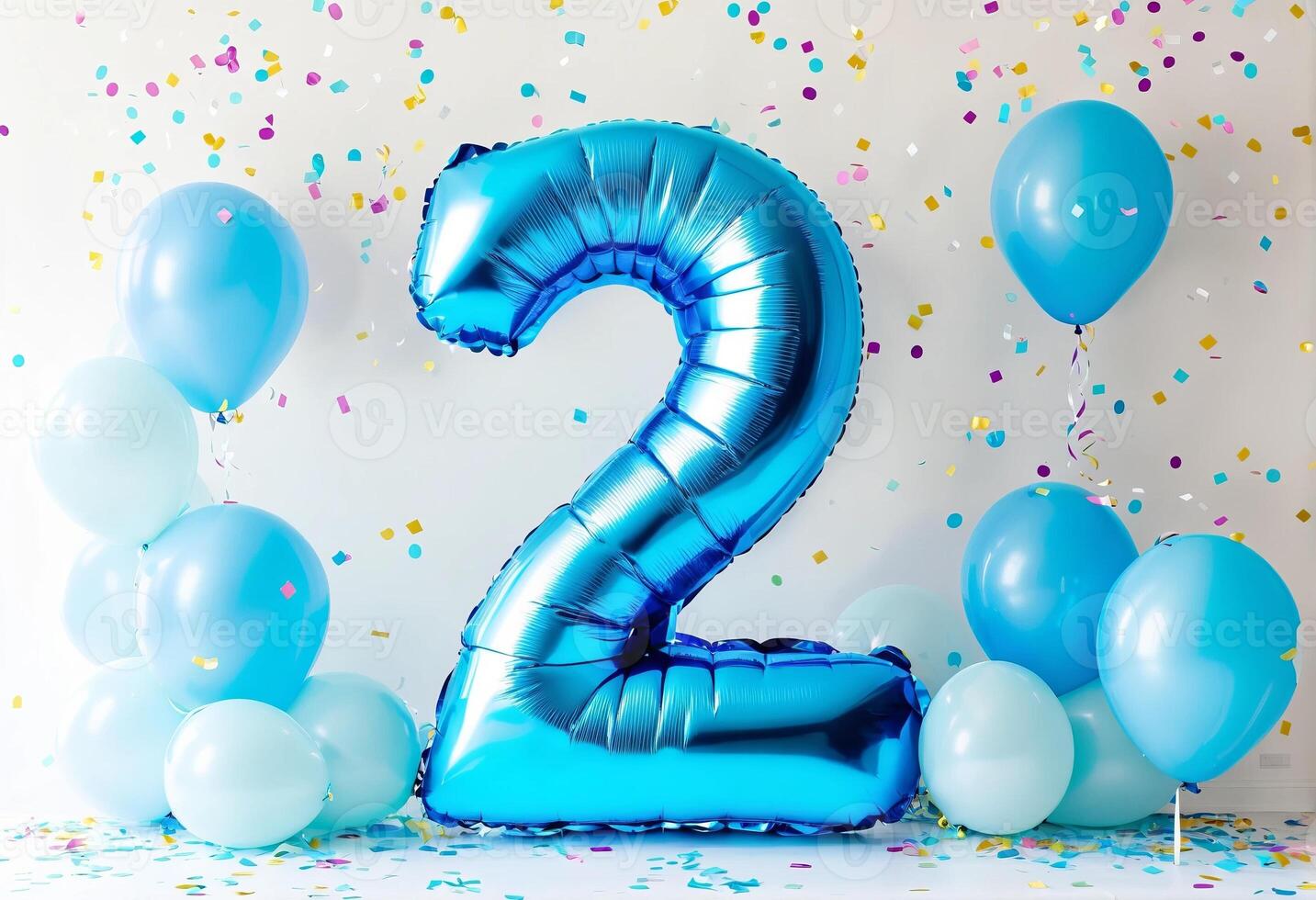A festive celebration of the second birthday with balloons and confetti in blue pastel tones, an inflatable balloon with the number 2 on a white background photo