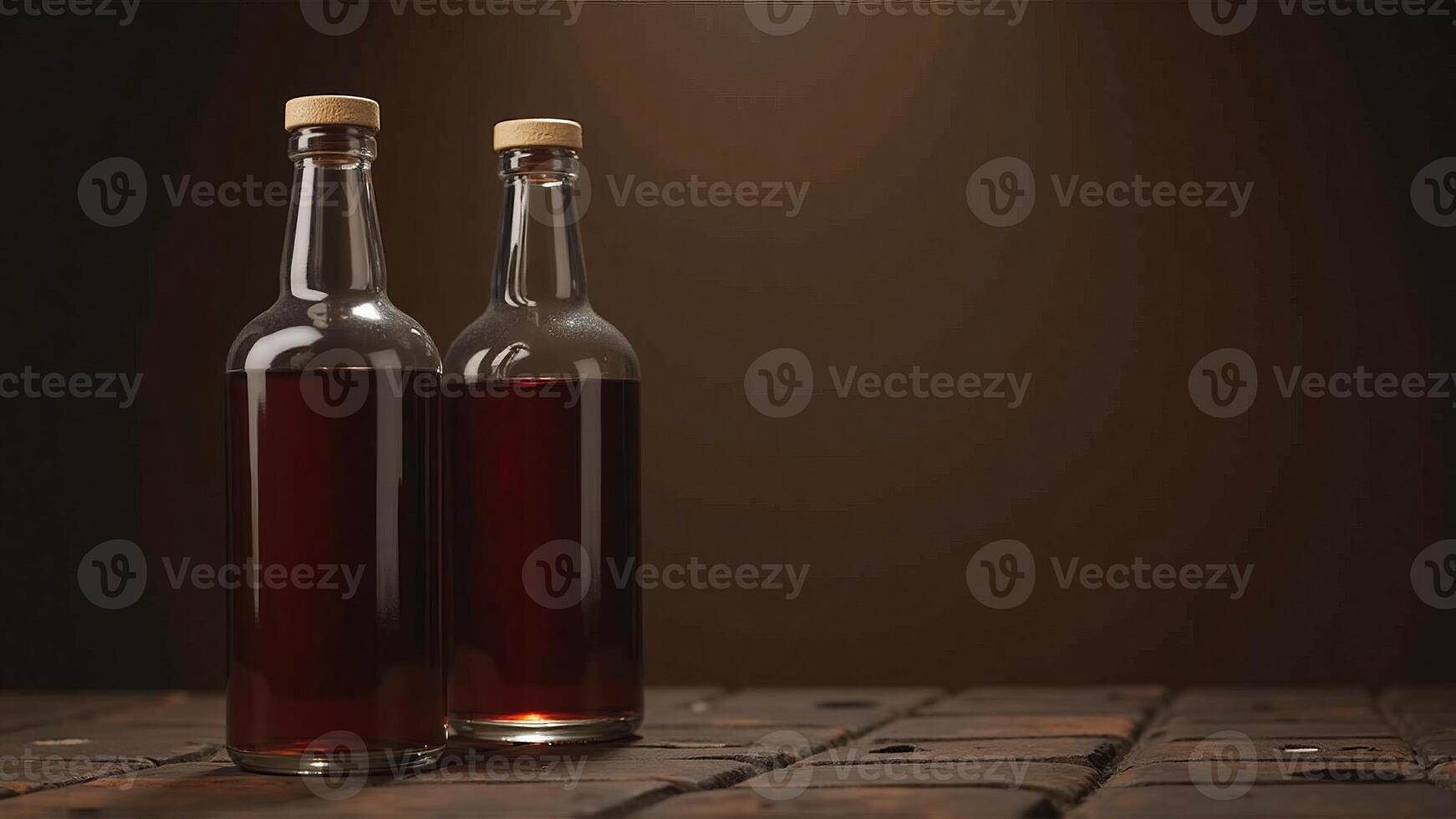 A pair of glass bottles filled with dark liquid positioned on a rustic wooden table with a gradient warm background, creating a cozy and inviting setting. photo