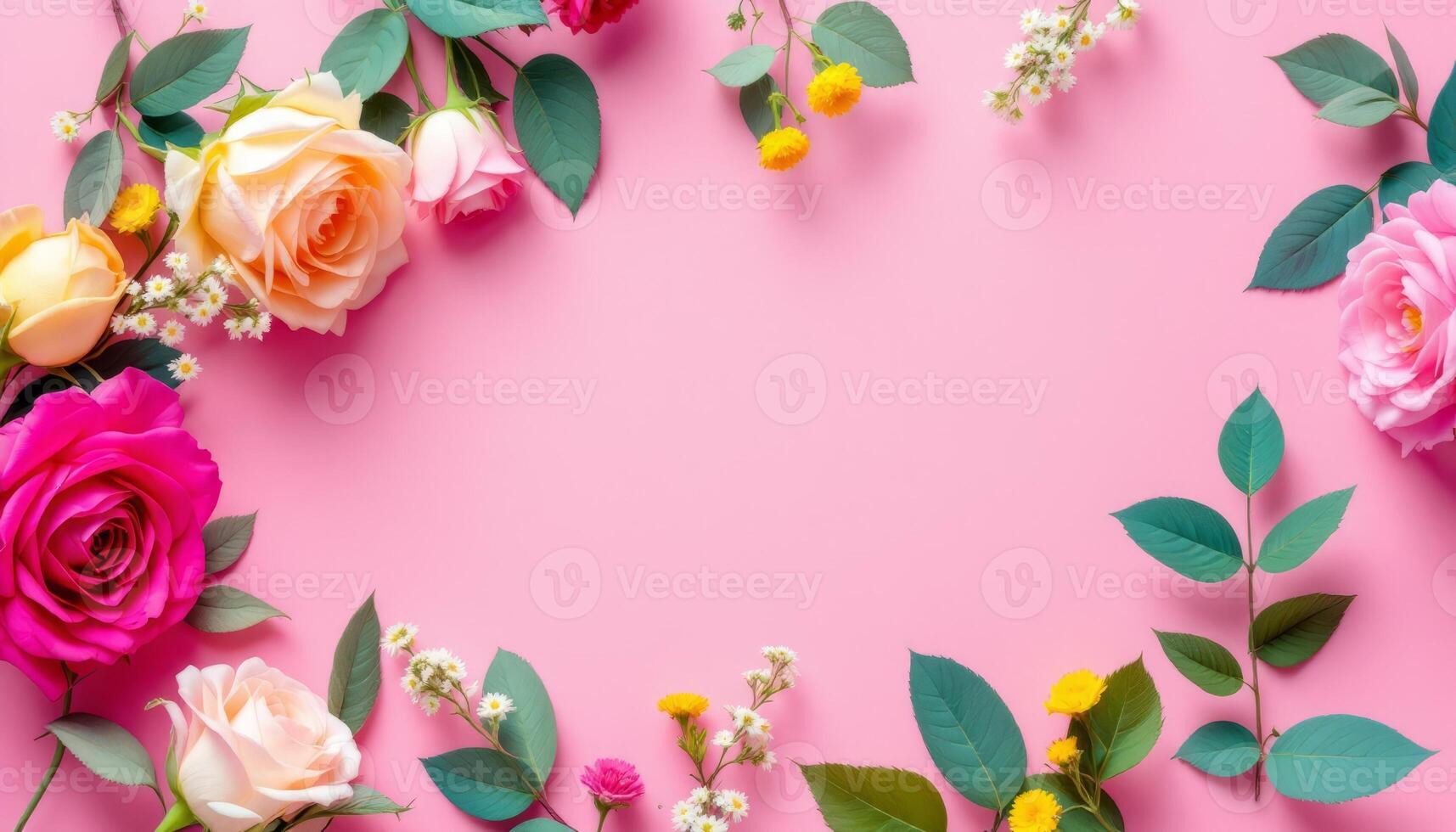 Colorful floral composition featuring various types of roses and petals against a pink backdrop, evoking charm and elegance photo