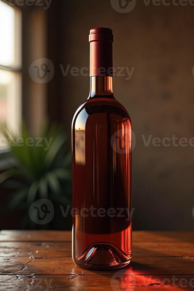 A close-up view of a wine bottle beautifully lit on a rustic wooden table, creating a warm and inviting atmosphere. photo