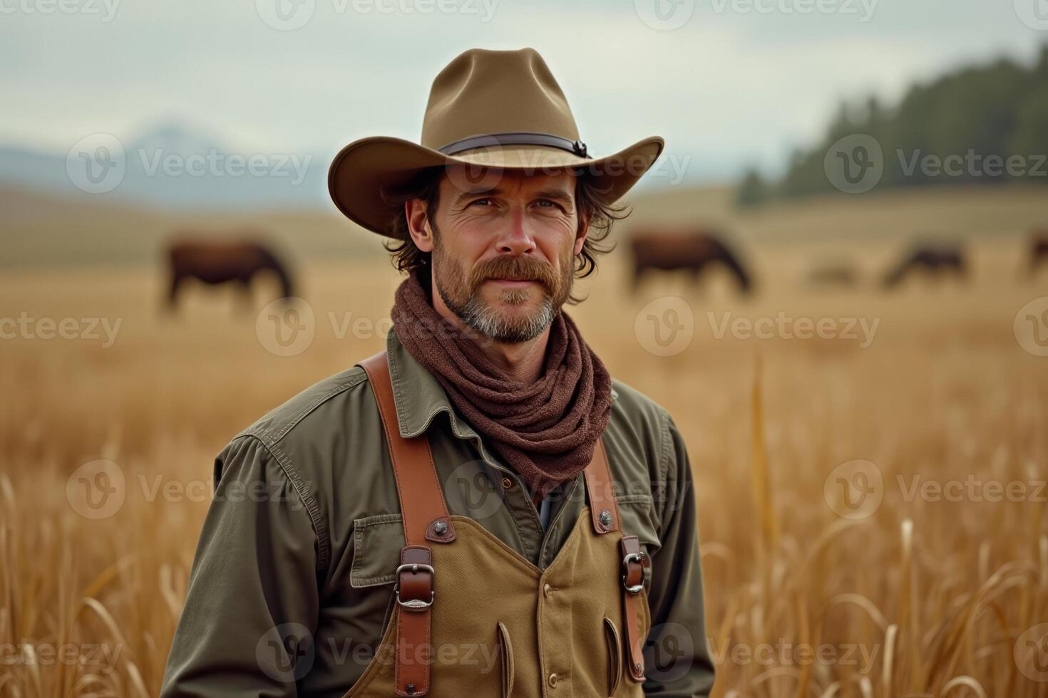 A man dressed in traditional cowboy attire stands amid a vibrant field, with horses grazing in the serene countryside backdrop. photo