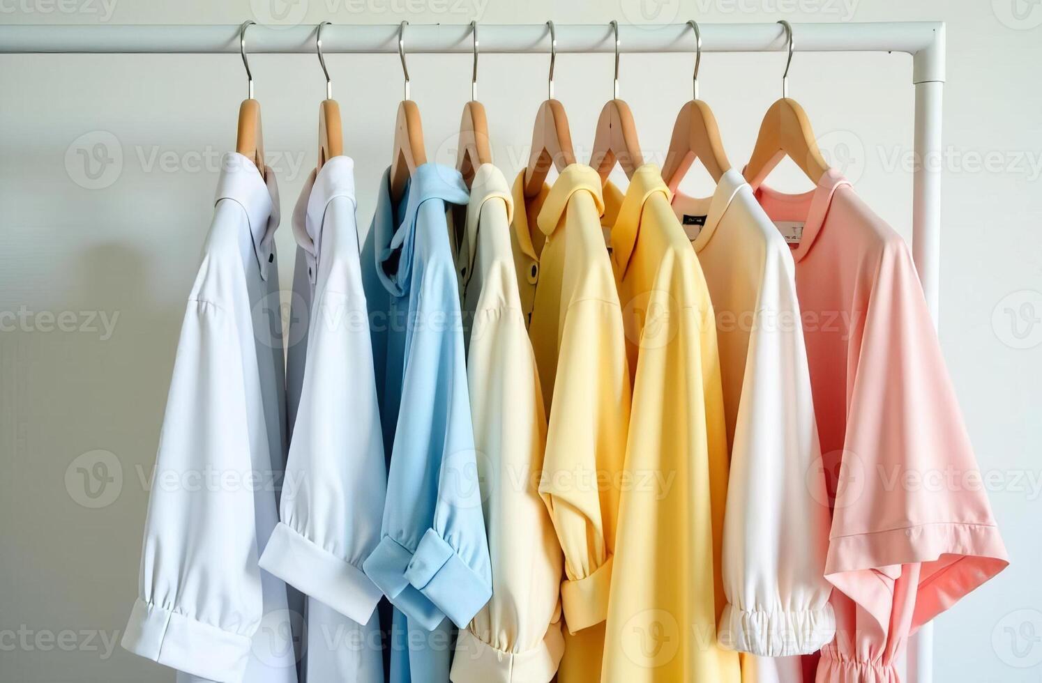 Assorted pastel shirts neatly arranged on wooden hangers create a colorful and organized display. This image highlights fashion, clothing organization, and variety in a wardrobe setting. photo