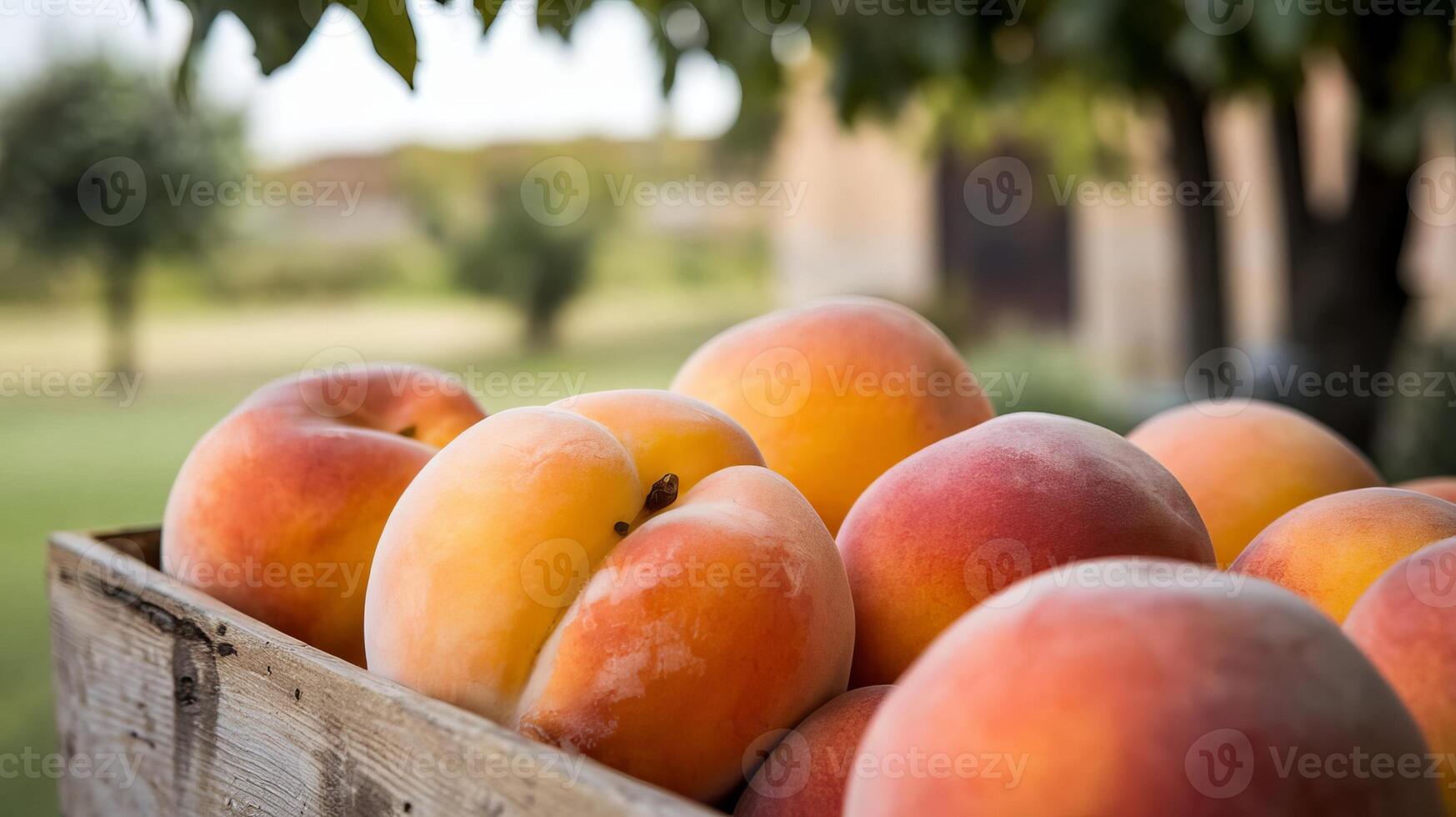 Juicy ripe peaches placed in a rustic wooden crate set amidst a sunny outdoor farm background with lush greenery and shade under a tree. photo