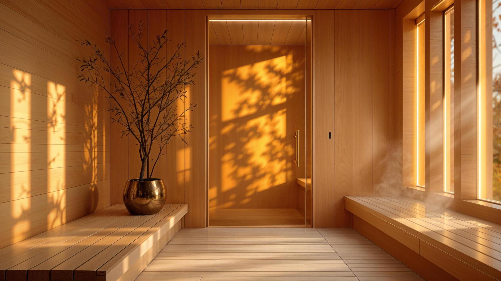 Scandinavian modern sauna interior photo, orange light, professional photo