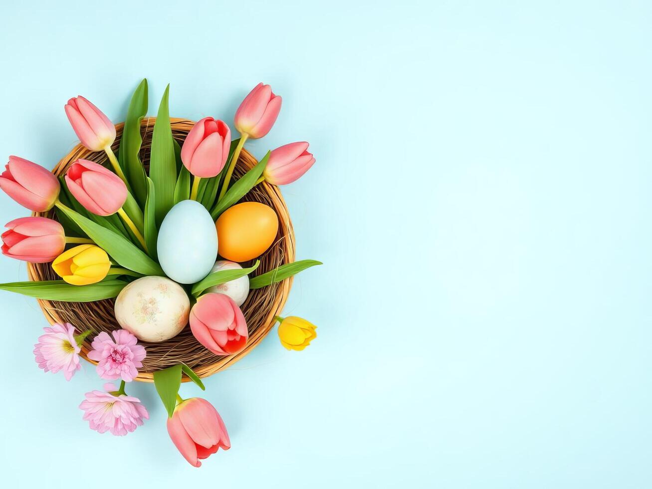 Decorative arrangement featuring colorful spring flowers and Easter eggs in a wooden basket on a pastel background, ideal for seasonal celebrations, festive decorations, and spring-related concepts. photo