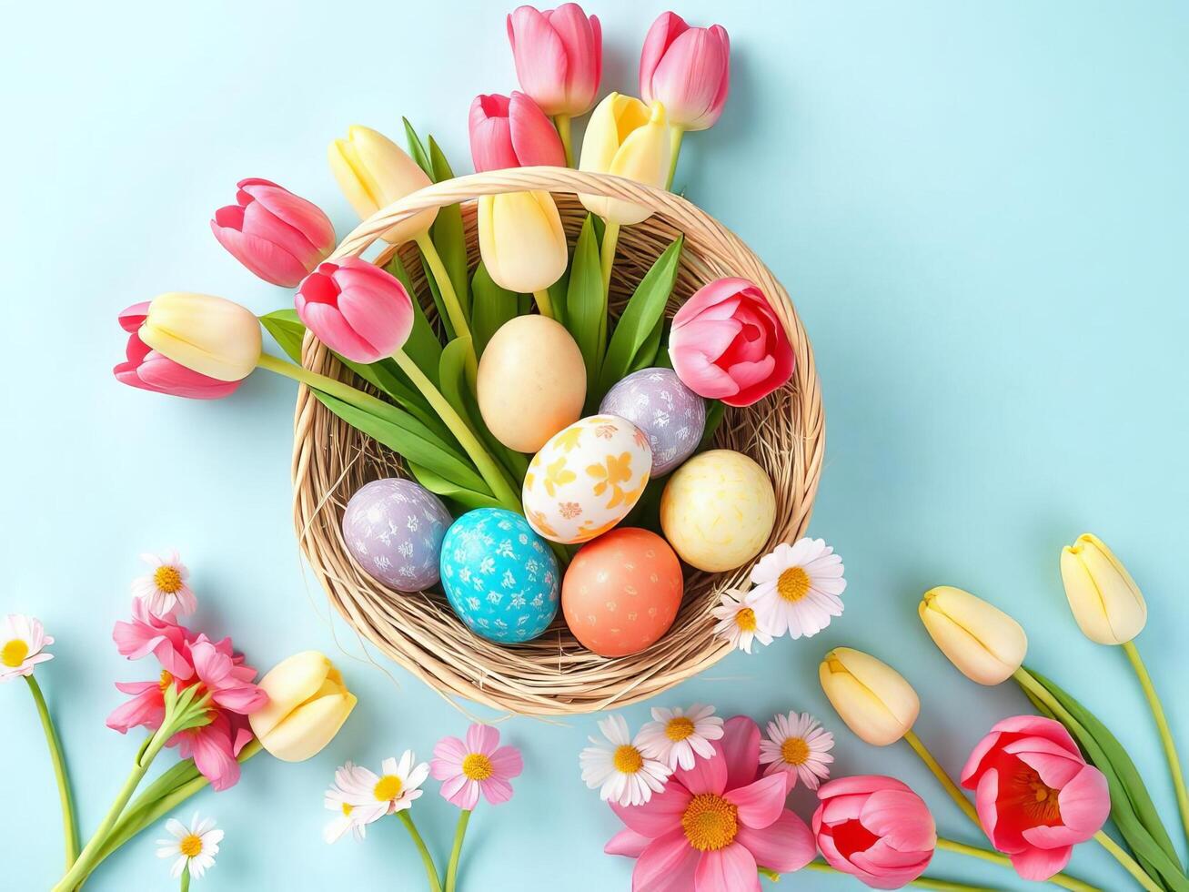 Decorative arrangement featuring colorful spring flowers and Easter eggs in a wooden basket on pastel background, ideal for seasonal celebrations, festive decorations, and spring-related concepts. photo