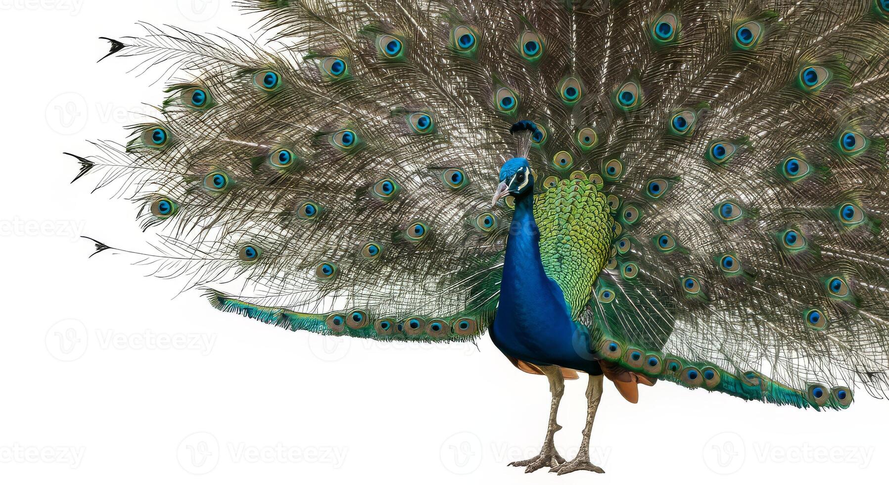 Peacock Displaying Its Feathers on White Background in Full Splendor photo