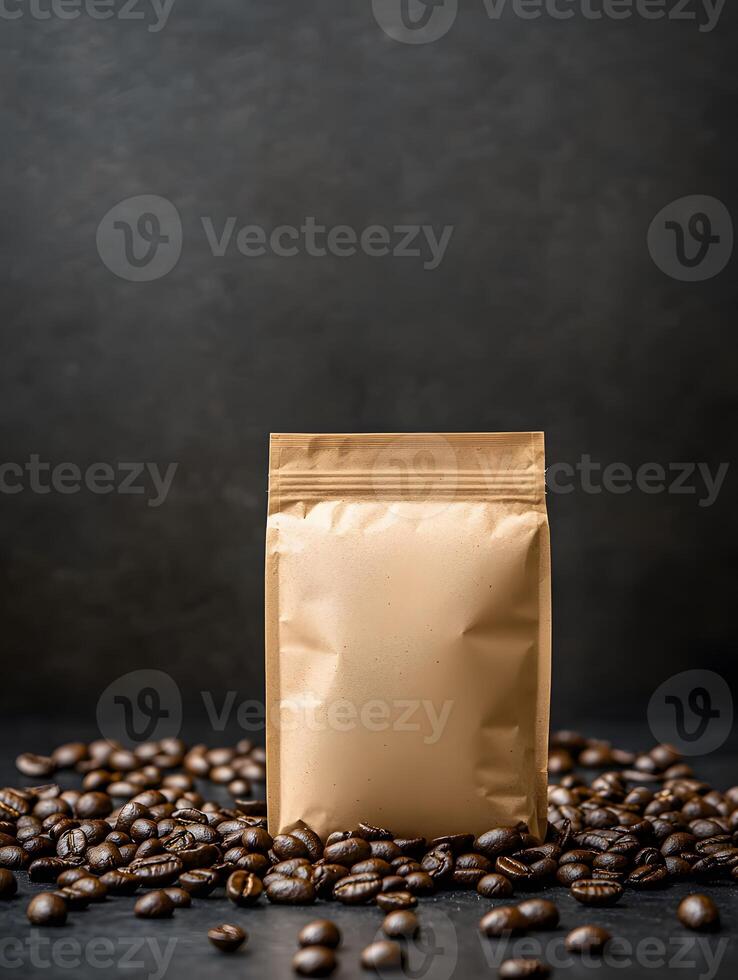Coffee beans and brown paper bag on dark background photo