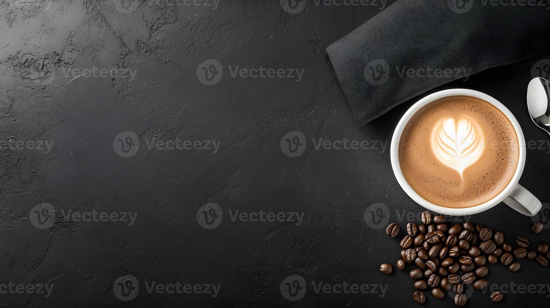Coffee beans and cup of cappuccino on black background photo