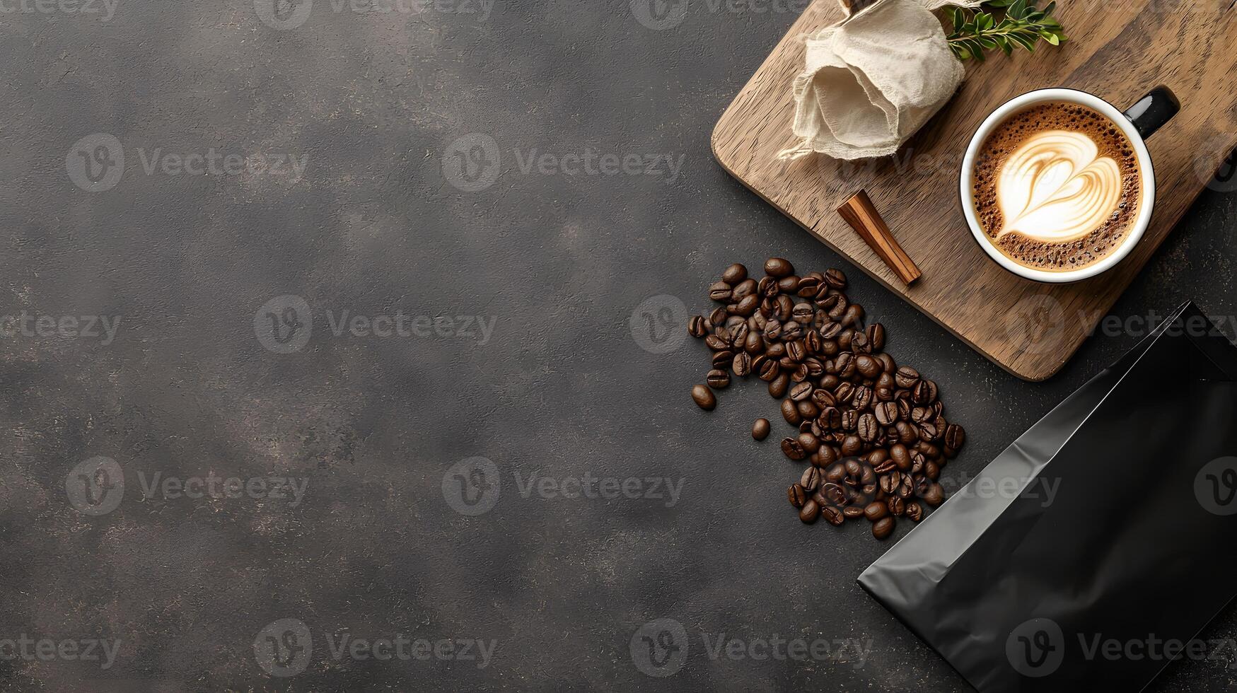 Coffee beans and a cup of coffee on a wooden cutting board with a black bag on a photo
