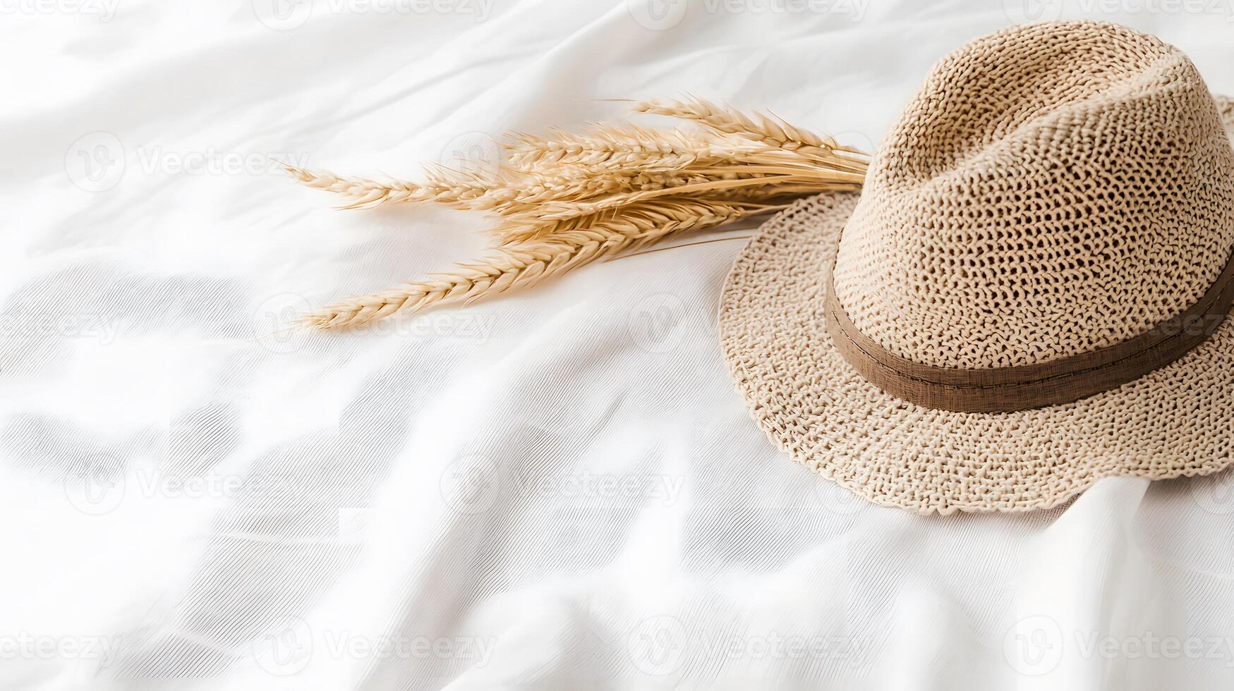 A straw hat and wheat on a bed photo