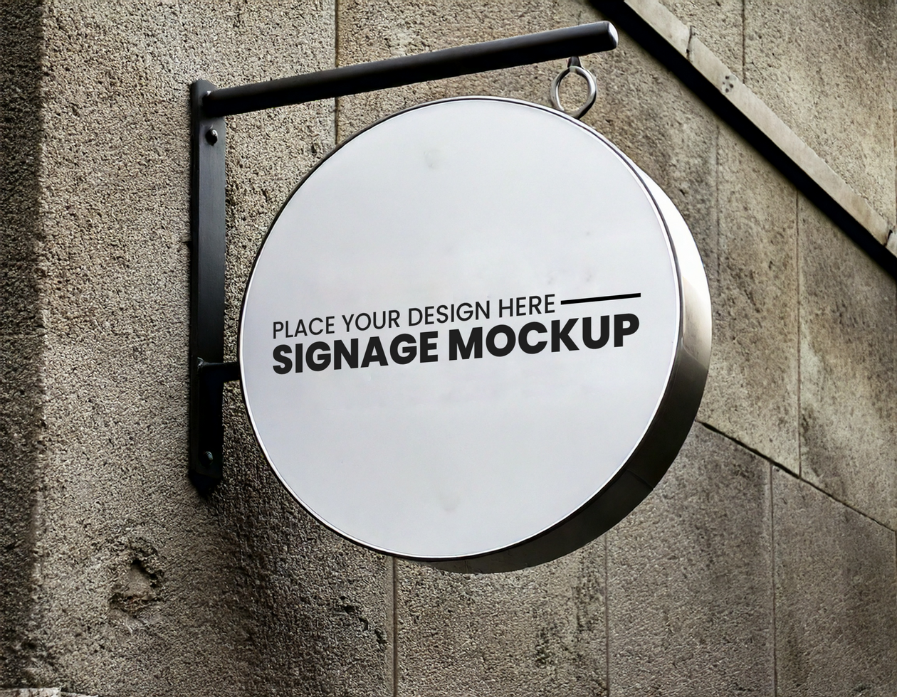 Round Signage on a Wall Building Mockup psd