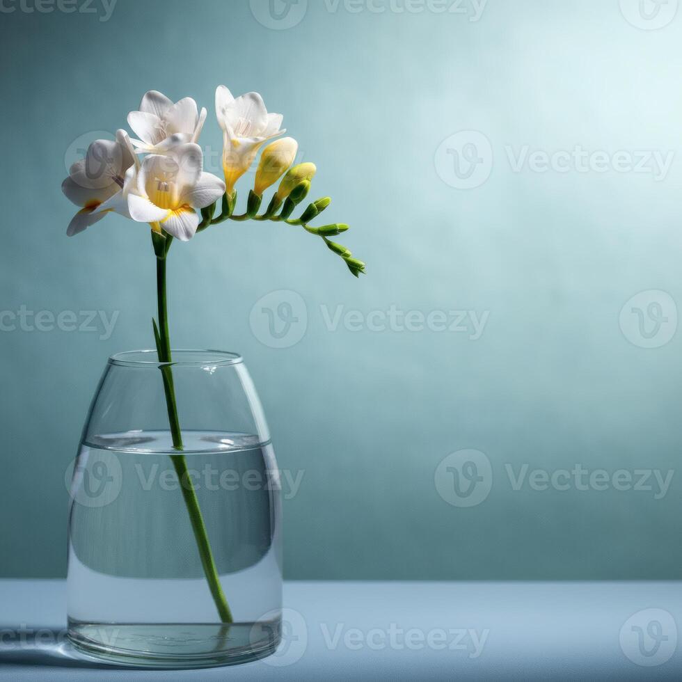 A soft floral composition of yellow and white freesia flowers in glass bottle against a blue background, conveying tranquility and elegance photo