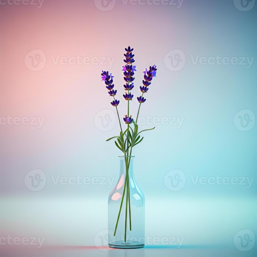A single lavender stem in a clear glass bottle with a soft pastel gradient background, capturing a sense of calmness and elegance photo