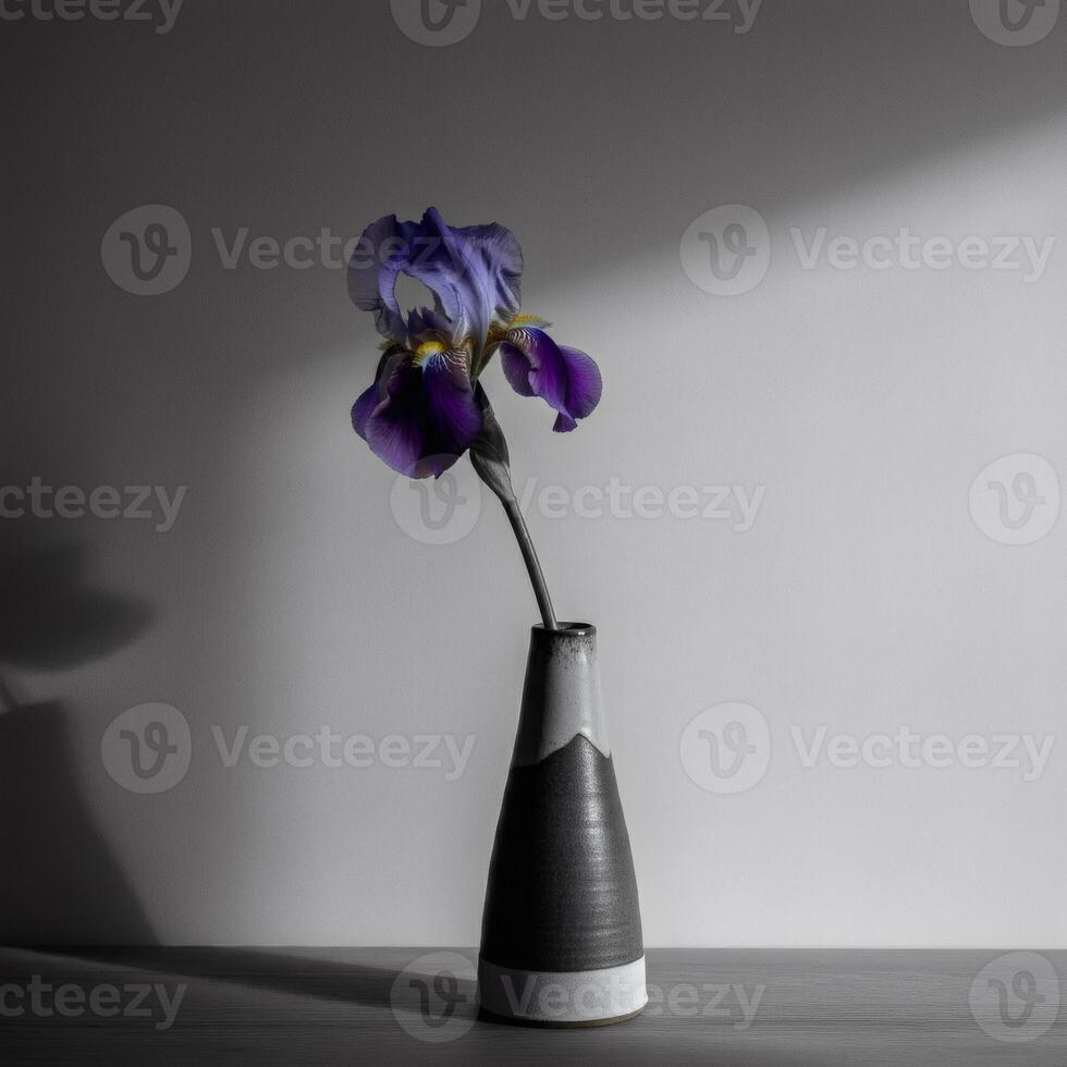 A striking purple iris in a minimalist ceramic vase, dramatically lit to create moody and artistic still life composition photo
