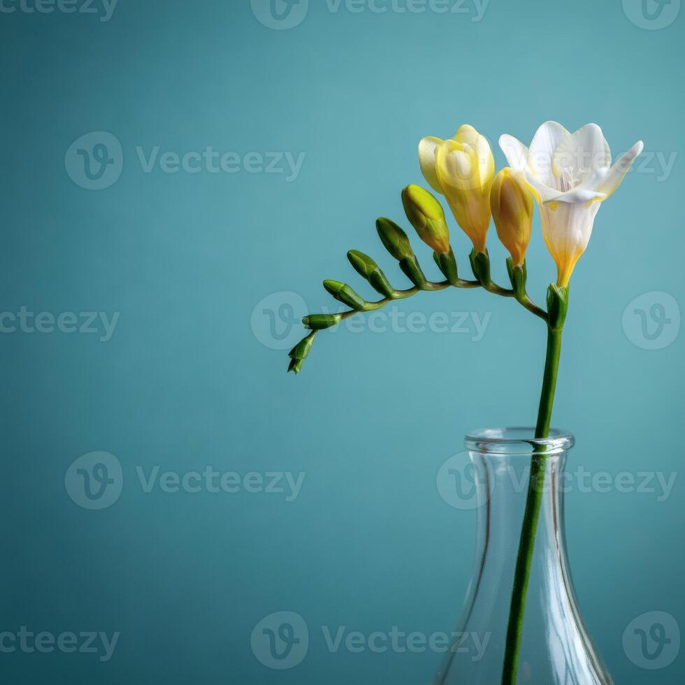 A soft floral composition of yellow and white freesia flowers in a glass bottle against a blue background, conveying tranquility and elegance photo