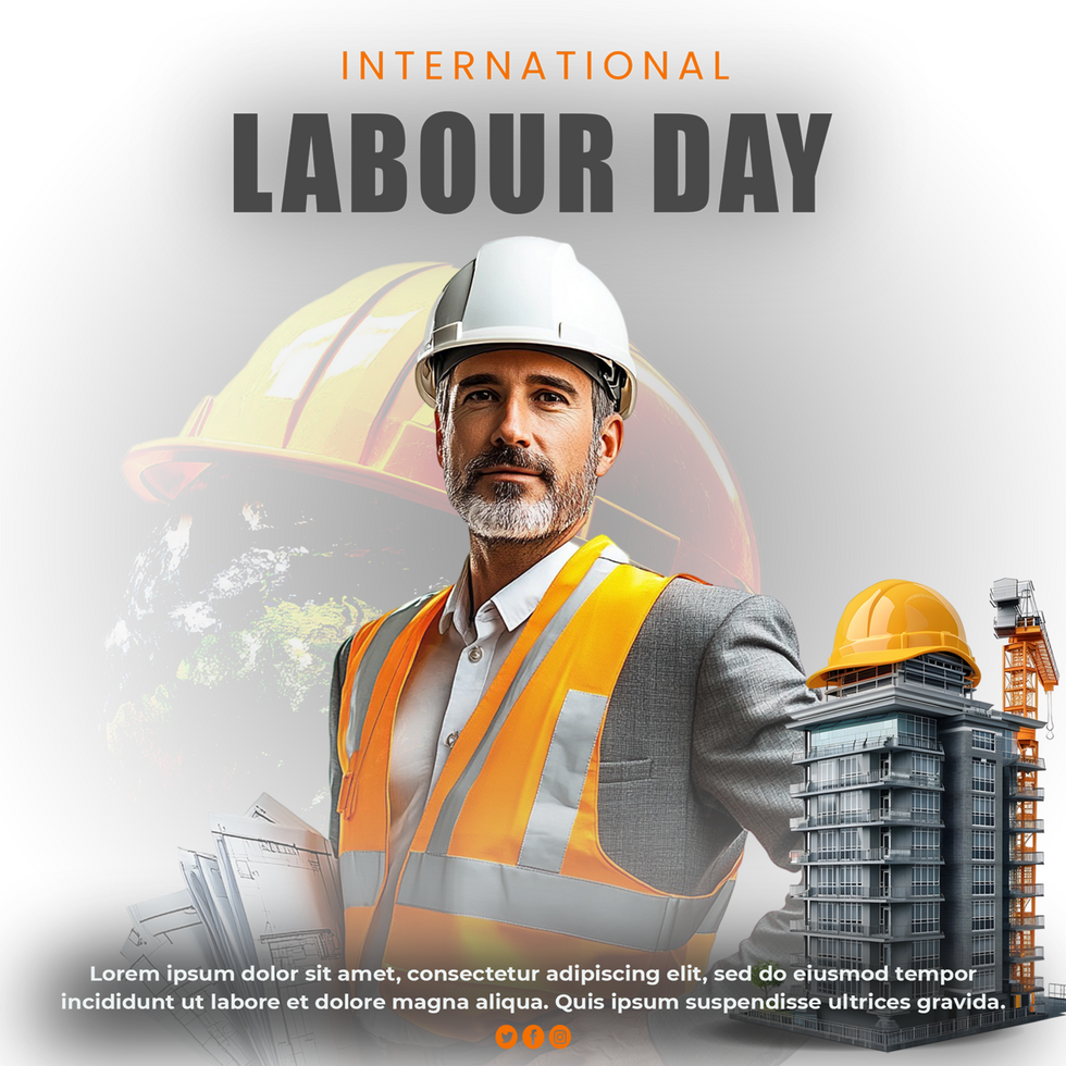 International Labour Day Poster with Architect in Safety Vest and Hard Hat Labour Day promotion psd