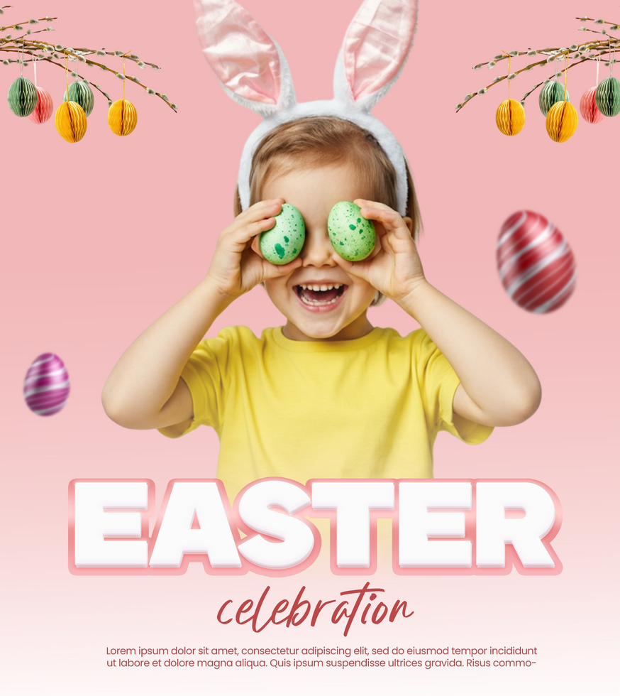 Happy Easter Celebration Poster With Easter Ornament And Kid Celebration Background Easter Card psd