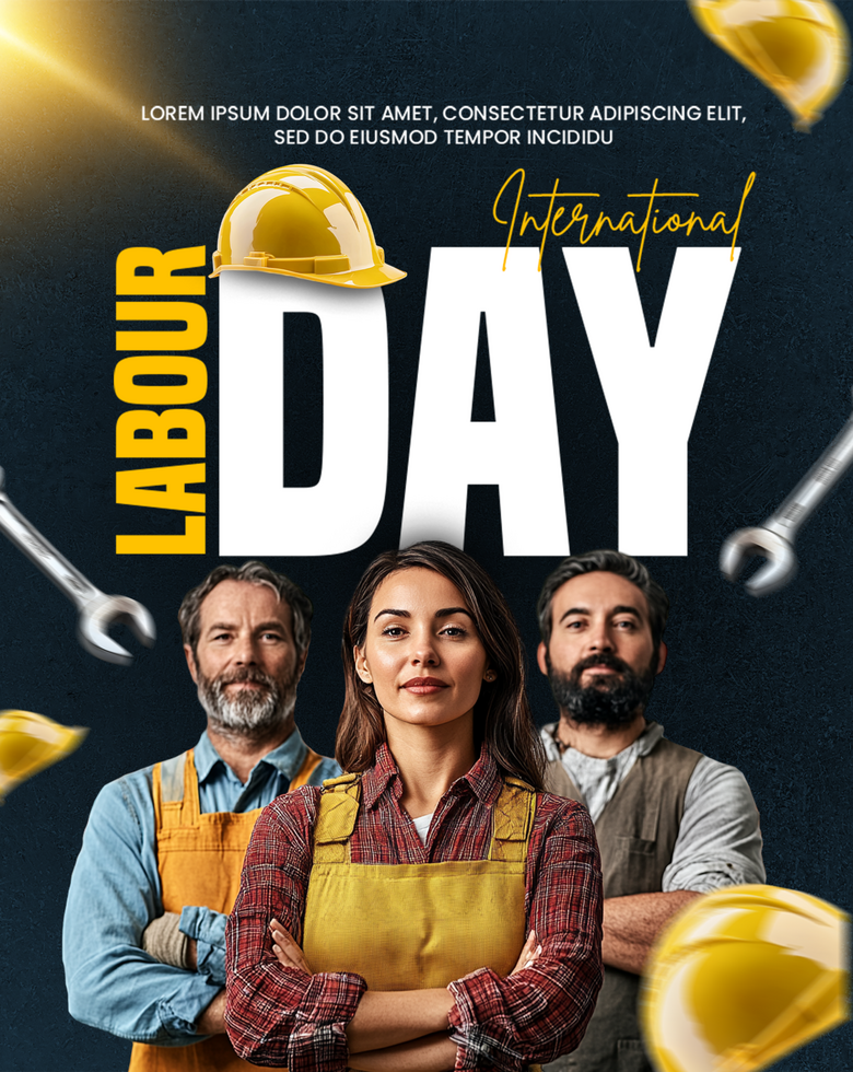 Labour Day Poster Template with Diverse Workers Group and Safety Helmet LABOUR Day Advertisement psd