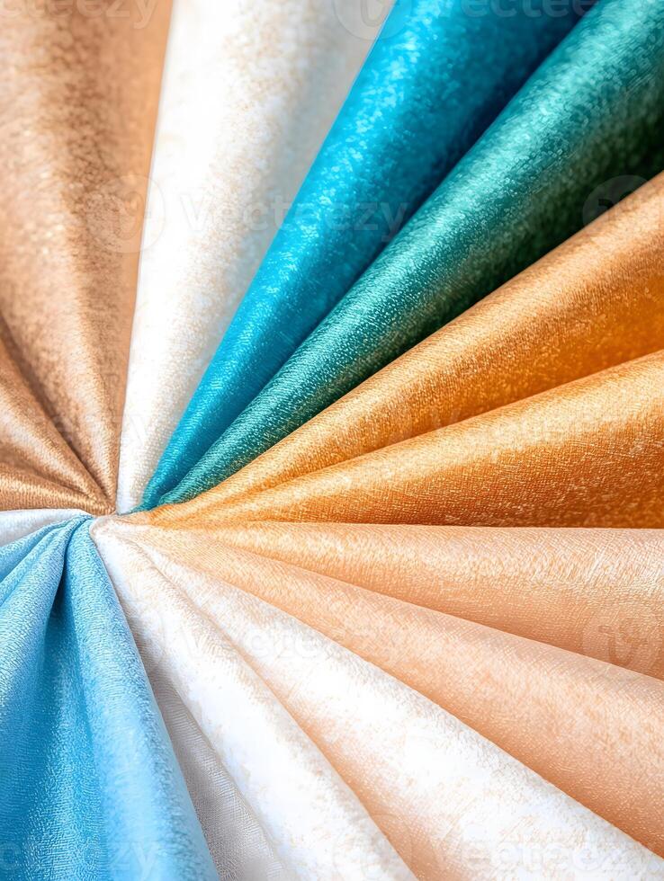 A close up of several different colored fabrics photo