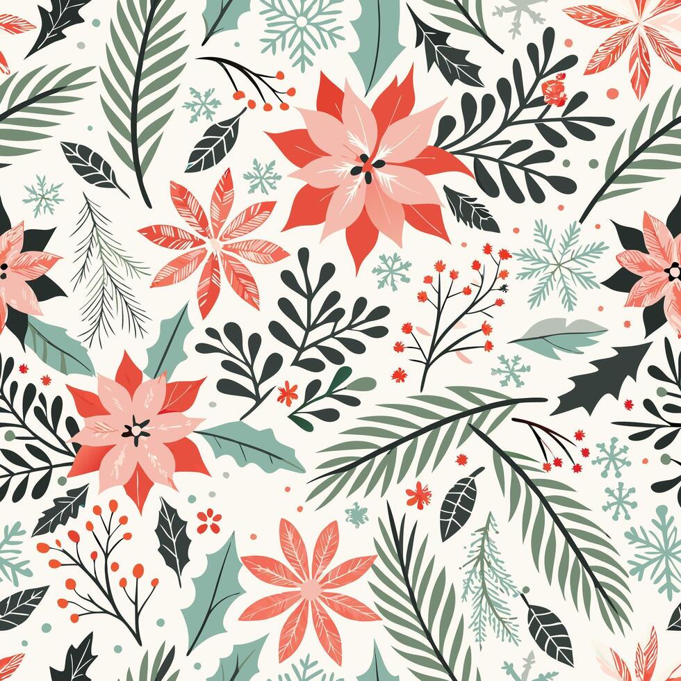 Festive Winter Floral Pattern with Poinsettia Holly and Snowflakes Seamless Design vector